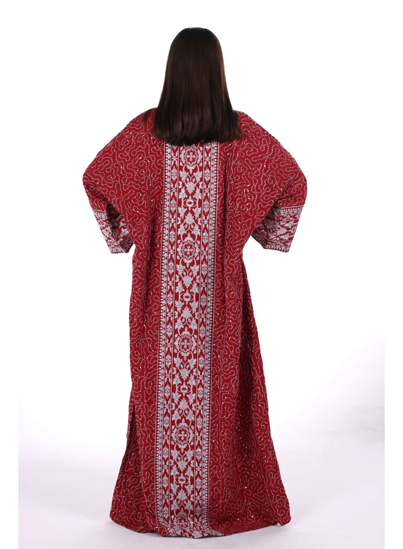 AL BENT AL SHARQIEH red Embroidered Linen Jalabiya dress with unvisible belt for Women | Best Price UAE